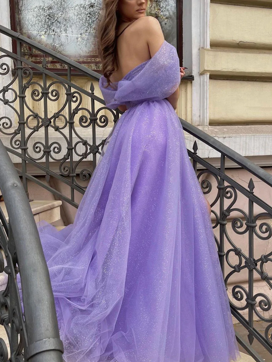 Robe de bal longue en tulle violet à épaules dénudées, robe de soirée en tulle trapèze nv443