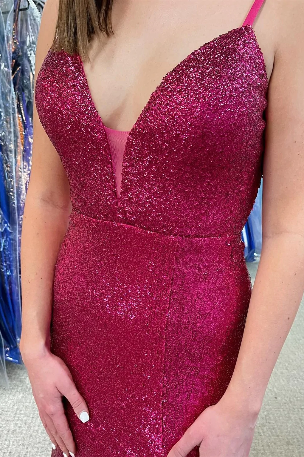 Fuchsia Sequin Mermaid Long Prom Dress with Slit nv337