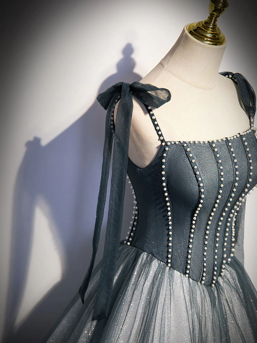 Robe de bal longue grise en tulle avec perles, robe de soirée formelle grise nv895