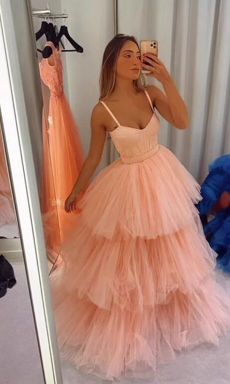 Spaghetti Straps Tulle Pink Evening Dress nv560