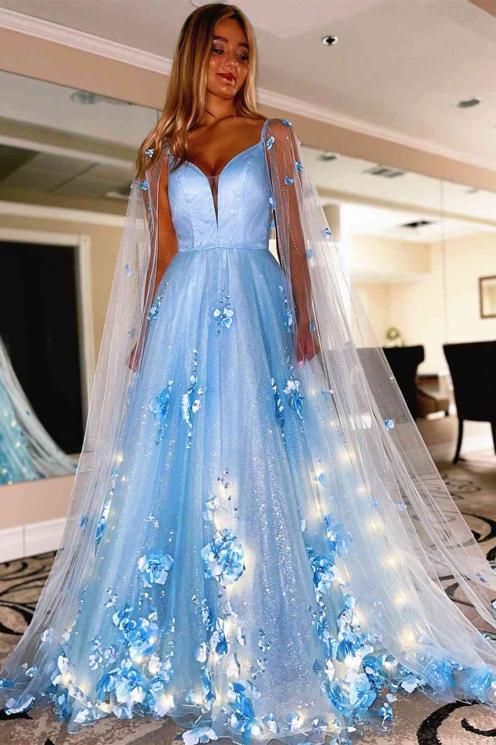 Robe de soirée en tulle à fleurs 3D de princesse lavande avec cape nv263