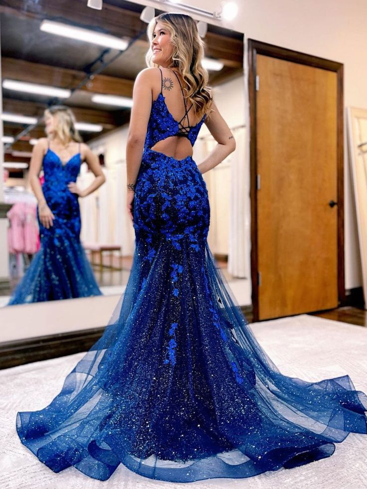 Robe de soirée longue sirène bleu foncé, robe de soirée longue en dentelle bleue nv1041