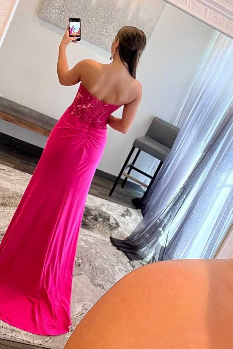 Robe de bal longue rose vif en dentelle avec corset et fente nv345