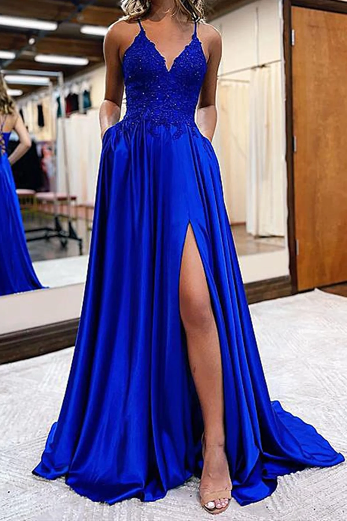 V Neck Blue Green Lace Prom Dresses, Blue Green Lace Formal Graduation Dresses nv333