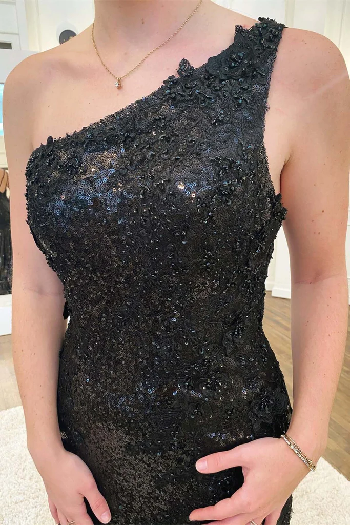 Black Lace Sequins Mermaid Long Prom Dresses With Slit, Evening Gown nv966