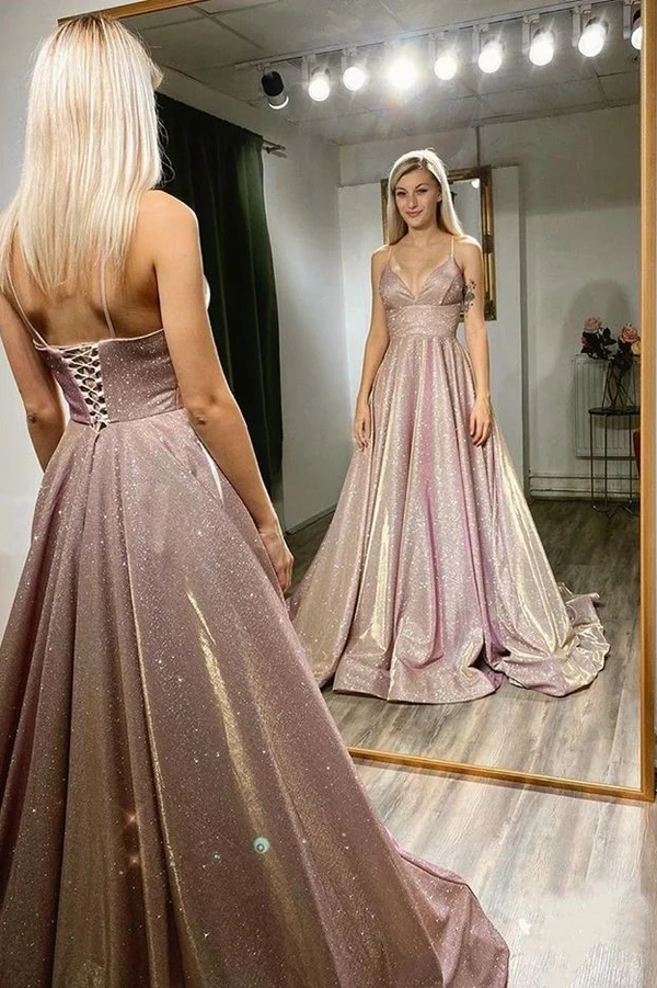 Belles robes de bal à bretelles spaghetti en ligne A, longues, à paillettes brillantes, robes de soirée nv207