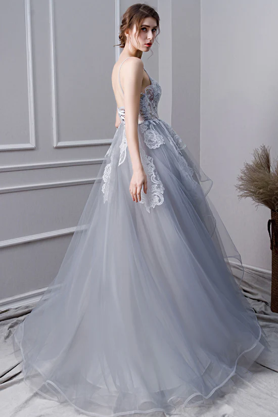 Gray tulle lace long prom dress, gray tulle lace evening dress nv436