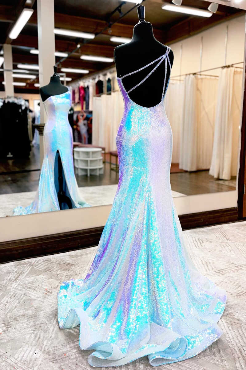 Shiny One-Shoulder Backless Mermaid Long Formal Dress with Slit nv468