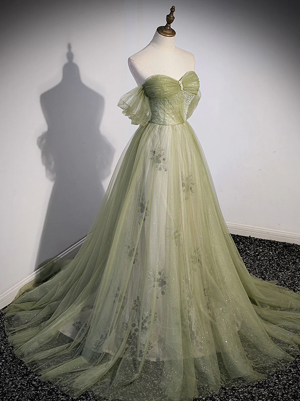 Robe de bal longue en tulle vert A Line, robe de soirée formelle verte avec perles nv549