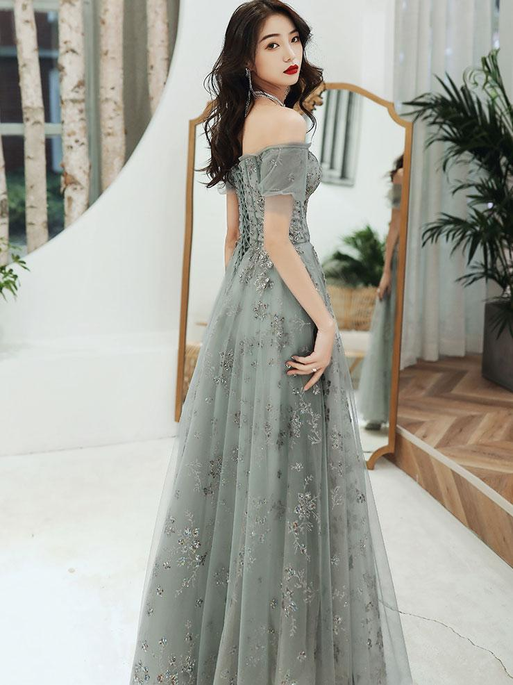 Green Off Shoulder Lace Sweetheart Party Dress, A-line Long Formal Gown nv450