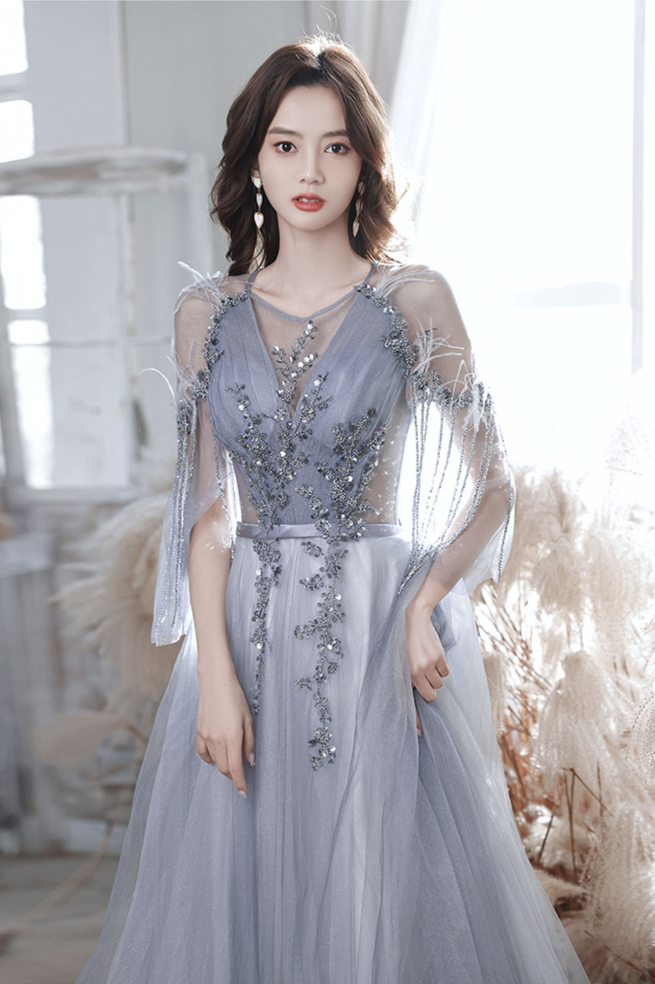 GRAY TULLE SEQUINS LONG PROM DRESS A LINE EVENING DRESS nv423