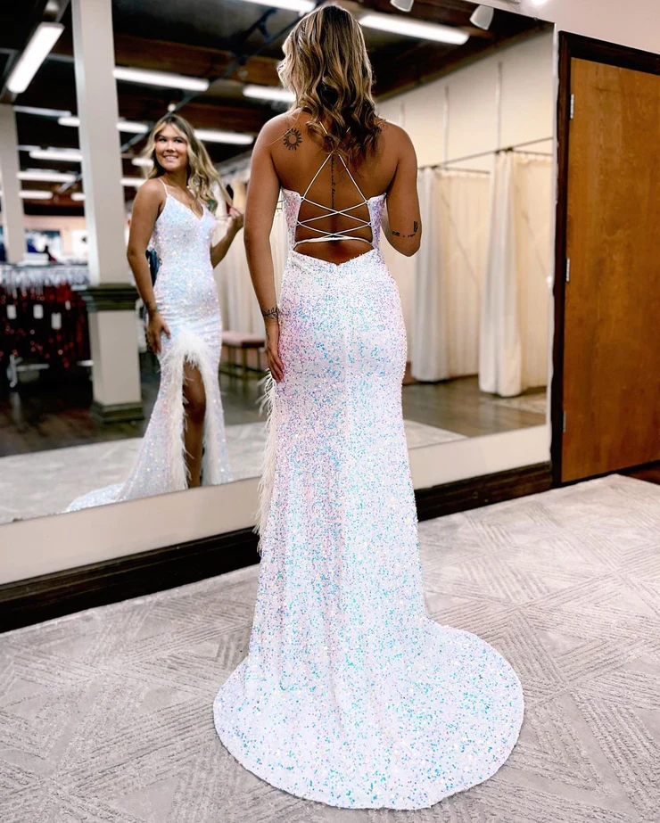 Robe de bal longue à paillettes bleu royal avec col en V et fente nv465