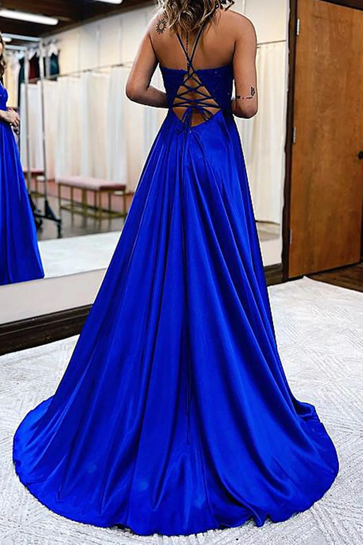 V Neck Blue Green Lace Prom Dresses, Blue Green Lace Formal Graduation Dresses nv333