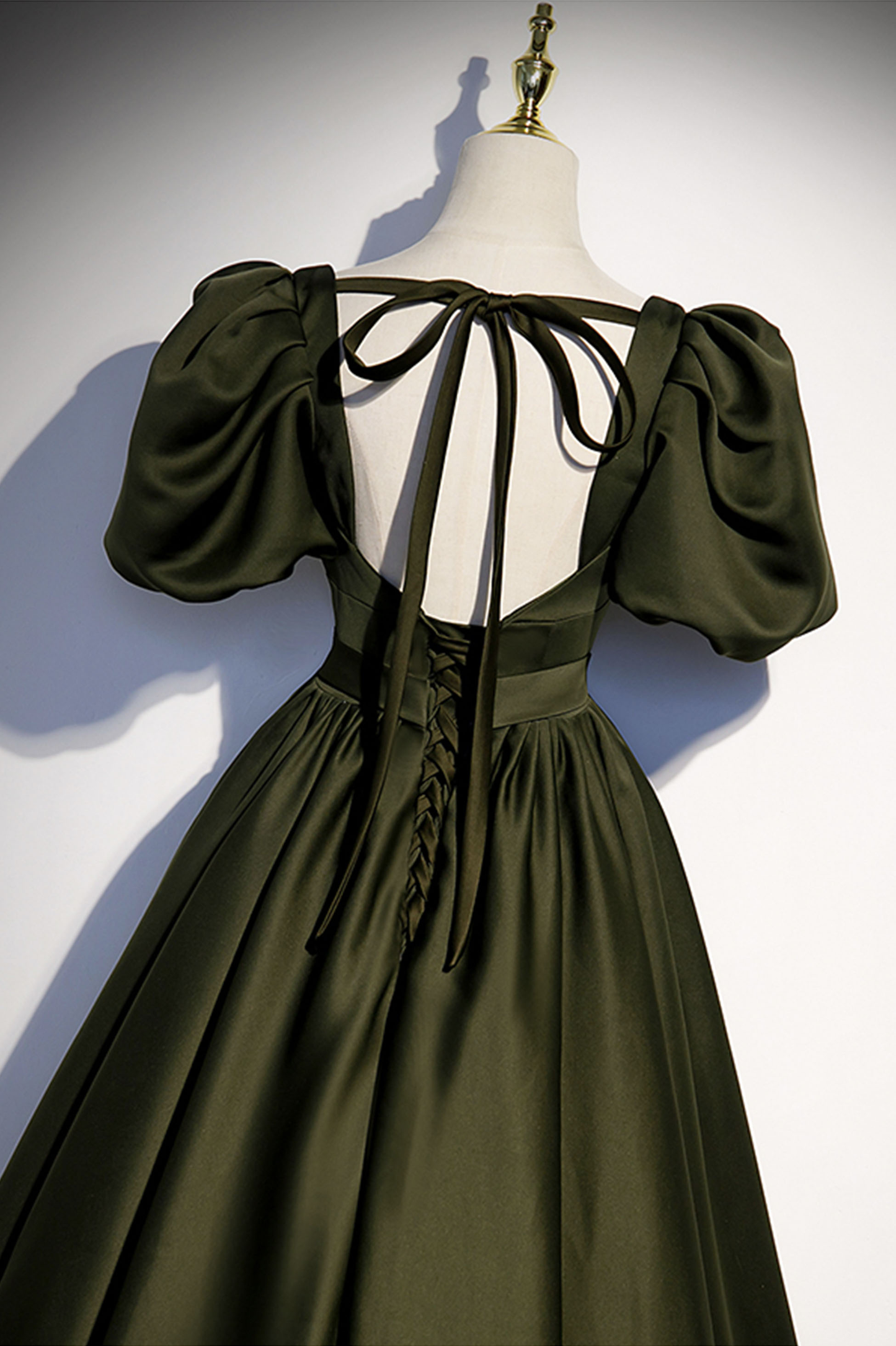 GREEN SATIN LONG PROM DRESS A LINE EVENING GOWN nv390