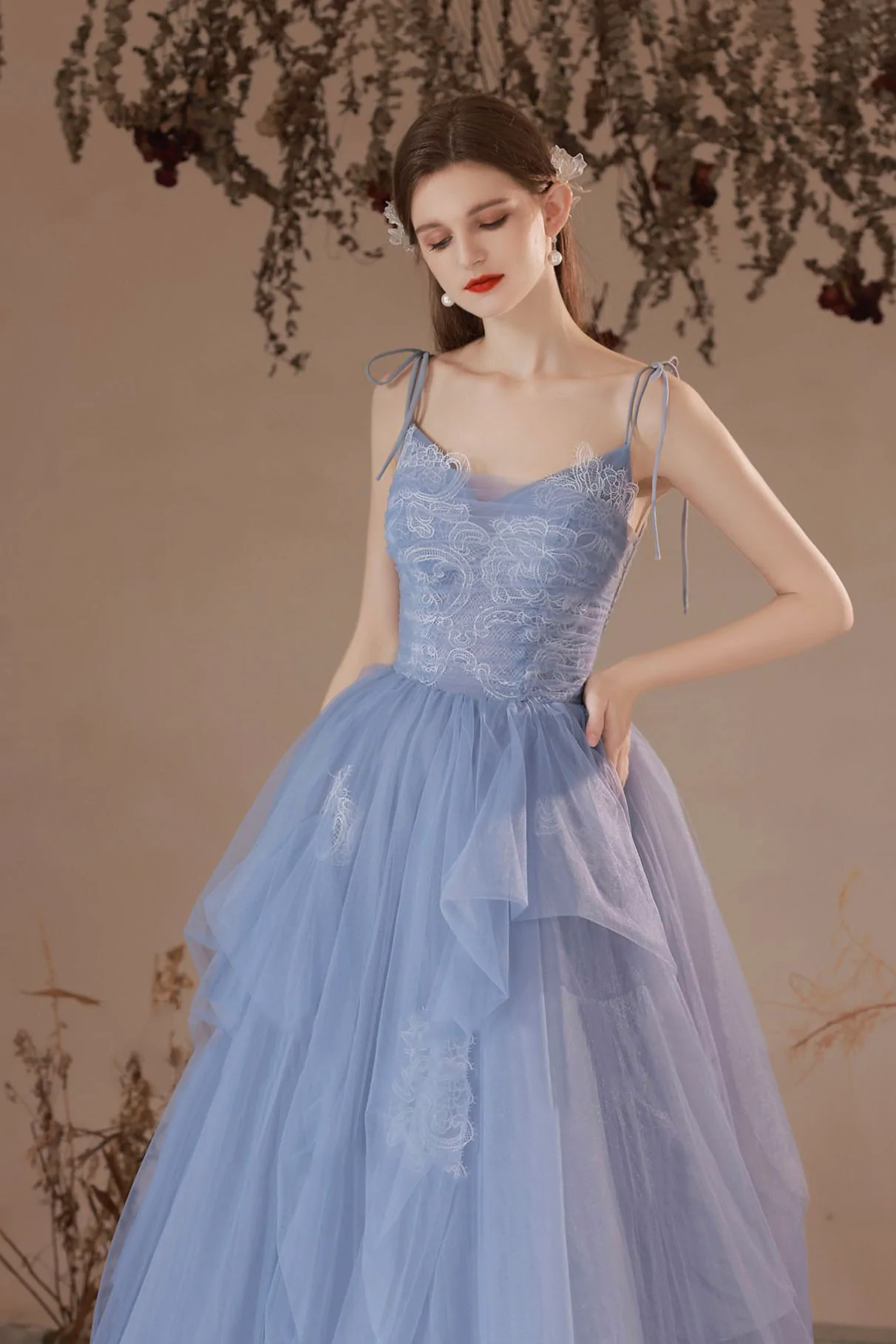 Blue V-Neck Tulle Lace Long Prom Dress, Lovely Spaghetti Straps Evening Dress nv429