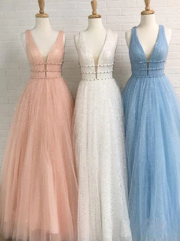 Robe de soirée blanche à col en V profond et ligne A avec dos ouvert nv209