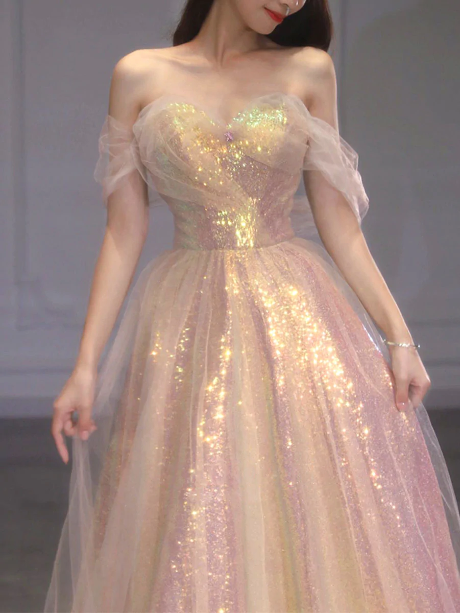 Robe de bal longue en tulle à paillettes, robe de remise de diplôme formelle à épaules dénudées nv425