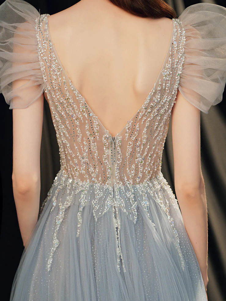 Gray Blue V Neck Tulle Sequin Long Prom Dress, Gray Blue Evening Dress nv422