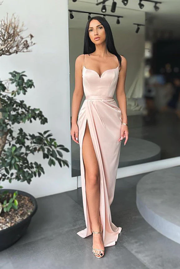 Robe de bal longue à bretelles spaghetti et fente haute vert forêt nv148