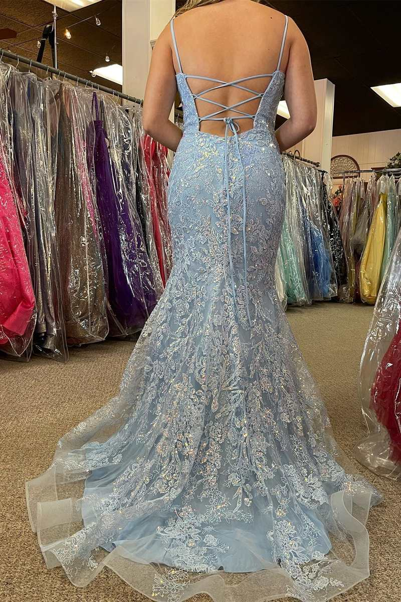 Robe de bal longue sirène bleu clair avec appliques et lacets dans le dos nv1013