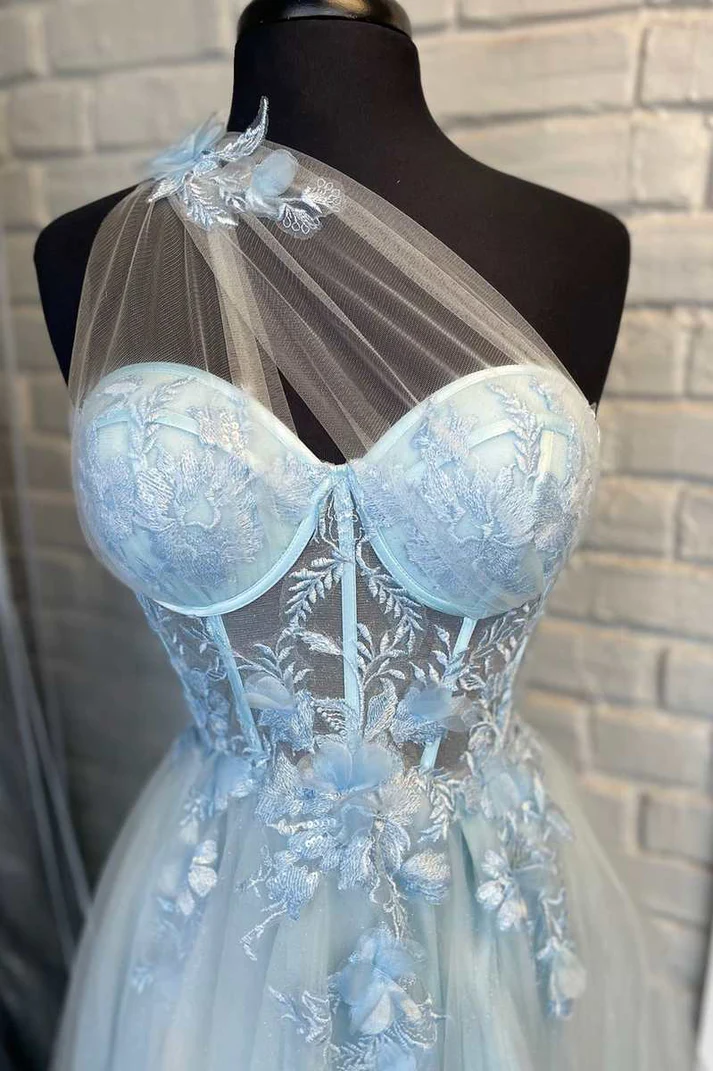 Robe de bal trapèze bleu clair à décolleté en cœur avec dentelle florale 3D nv818