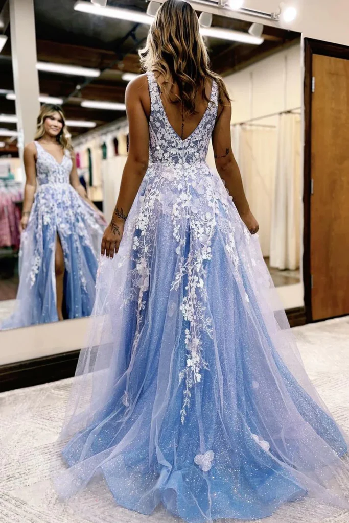 Shiny V Neck Blue Tulle White Lace Floral Long Prom Dresses with High Slit, Blue Formal Evening Dresses nv998