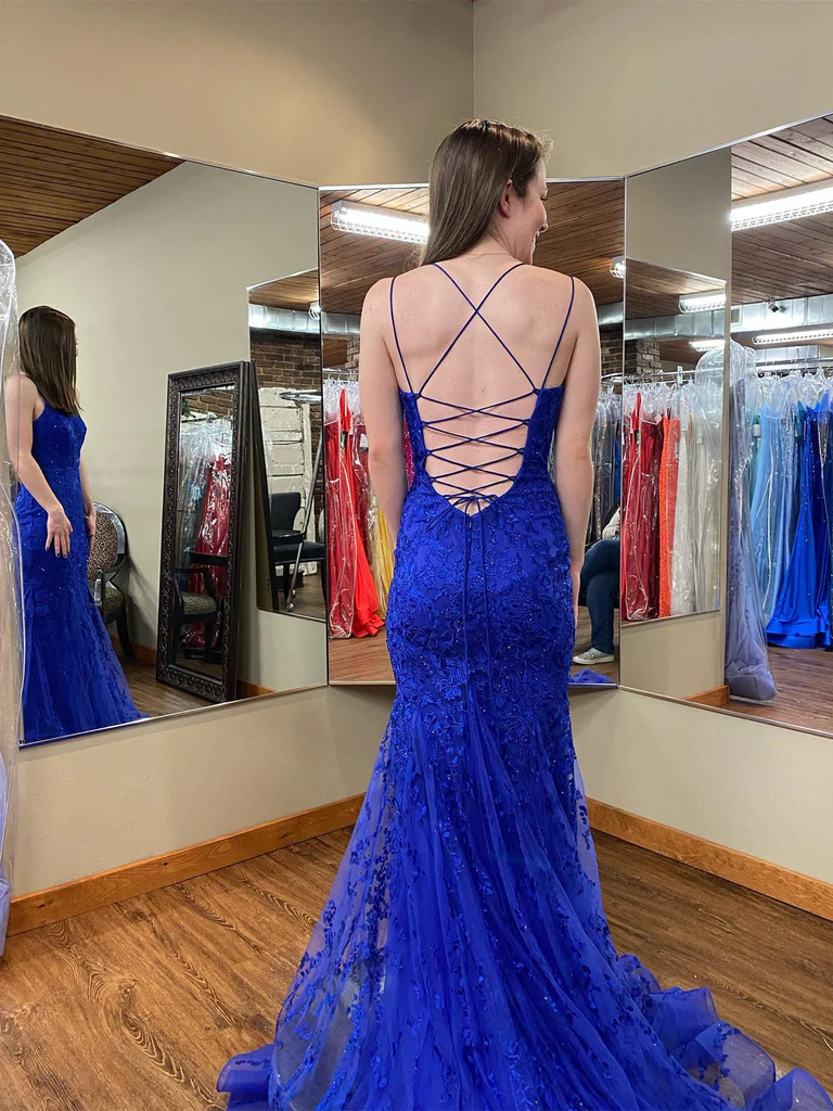 Mermaid Backless Blue Lace Long Prom Dresses, Mermaid Blue Formal Dresses, Blue Lace Evening Dresses nv1042