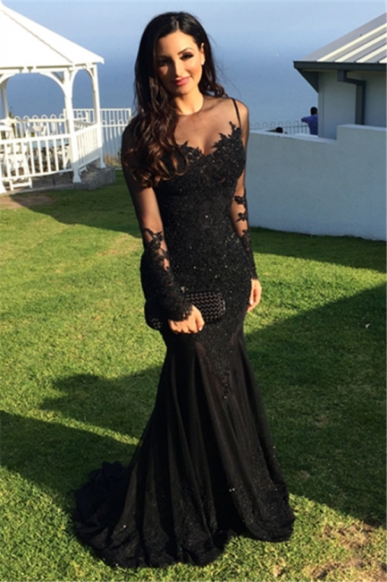 Robe de soirée noire à manches longues en dentelle style sirène, tenue de soirée nv1050