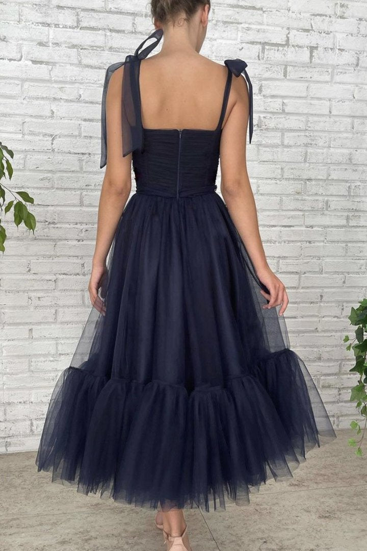 Robe de soirée courte et longue en tulle bleu nv57