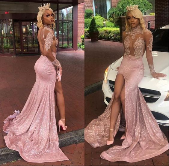 Robe de soirée longue rose en dentelle à col haut et fente nv97