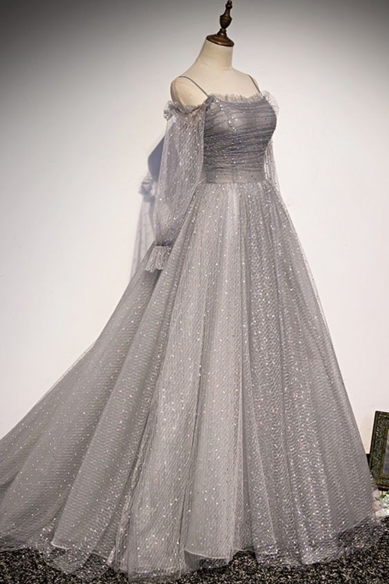 Long Sleeves Grey Formal Dress Prom Dress Formal Dress Evening Dress nv86