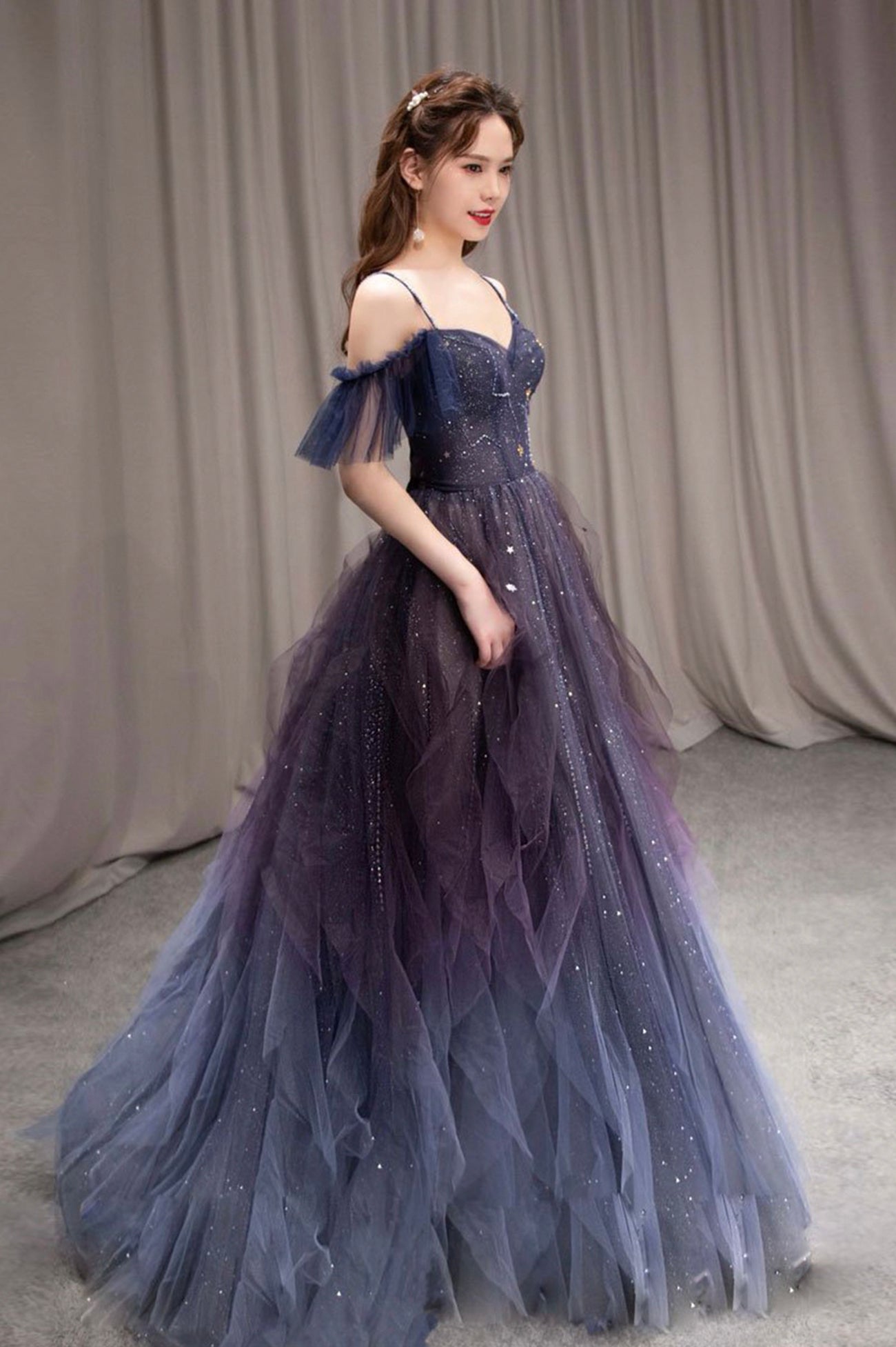 PURPLE TULLE LONG PROM DRESS A LINE EVENING GOWN nv106