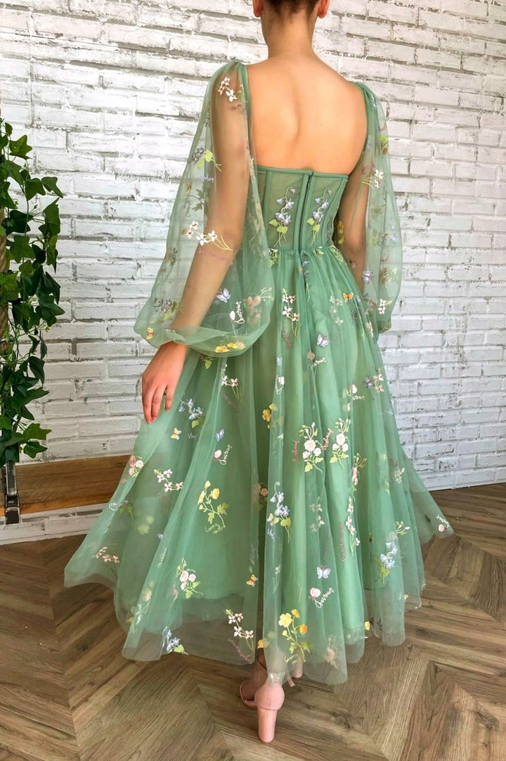 Robe de soirée mi-longue en tulle à fleurs avec appliques vertes élégantes nv76