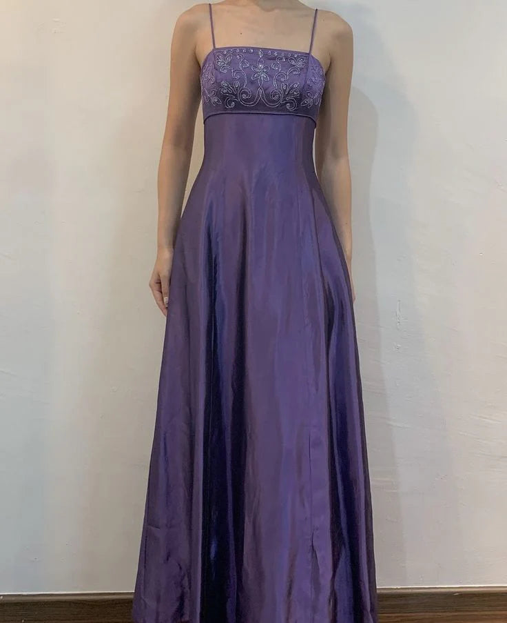 Purple Delicate Floral Beading Shiny Spaghetti Straps Elegant Fashion A-Line Long Tulle Ball Gown Evening Dress Party Dress Prom Dress nv3798