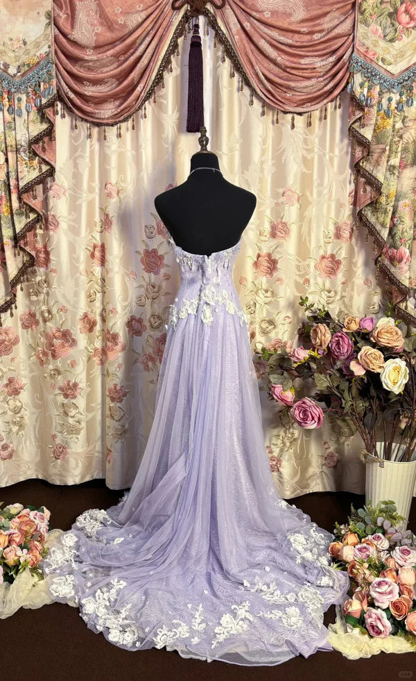 Lilac Vintage Exquisite Beading Elegant Off-the-shoulder Long Tulle Ball Gown Evening Gown Party Dress nv4159
