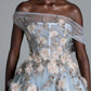 Robe de bal fleurie 3D à épaules dénudées Mist Blue Garden NV6565