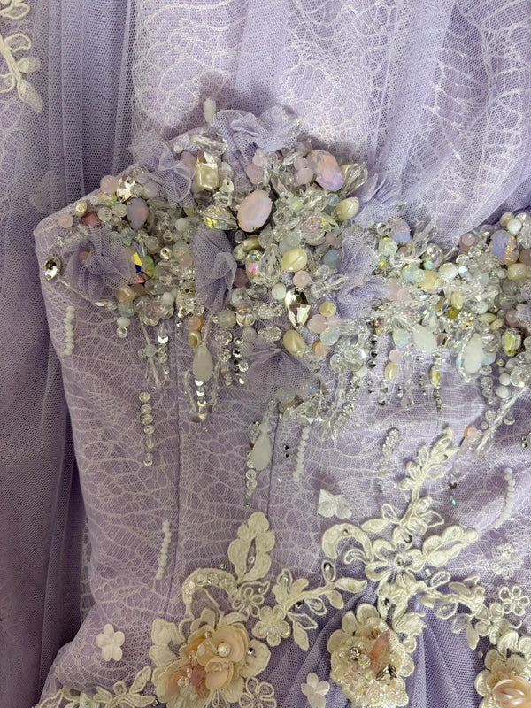 Lilac Vintage Exquisite Beading Elegant Off-the-shoulder Long Tulle Ball Gown Evening Gown Party Dress nv4159