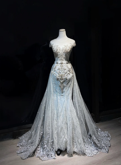 Off Shoulder Light Ice Blue Mermaid Evening Gown Beaded Lace Appliques Long Train Wedding Dress  NV7060