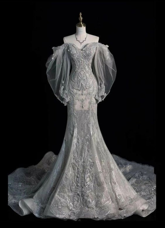 White solid color gorgeous fashionable elegant floral appliqué delicate lace A-line long tulle floor-length tail evening gown prom dress wedding dress nv3835