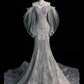 White solid color gorgeous fashionable elegant floral appliqué delicate lace A-line long tulle floor-length tail evening gown prom dress wedding dress nv3835