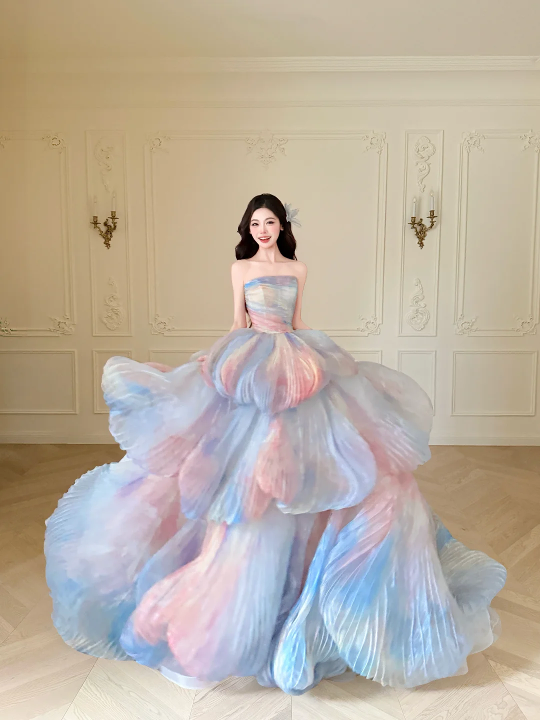 Strapless Watercolor Ombre 3D Petal Ball Gown Prom Dress  NV7413