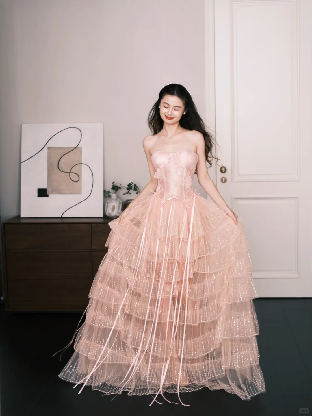 Blush Pink Tiered Sequin Tulle Prom Dress, Strapless Corset Evening Gown  NV7283