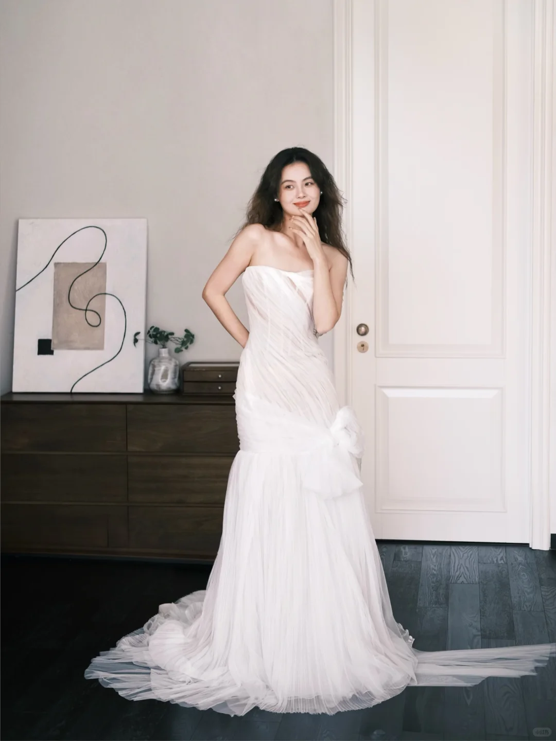 Strapless Ruched Tulle Mermaid Bridal Gown with 3D Flower & Train  NV7366
