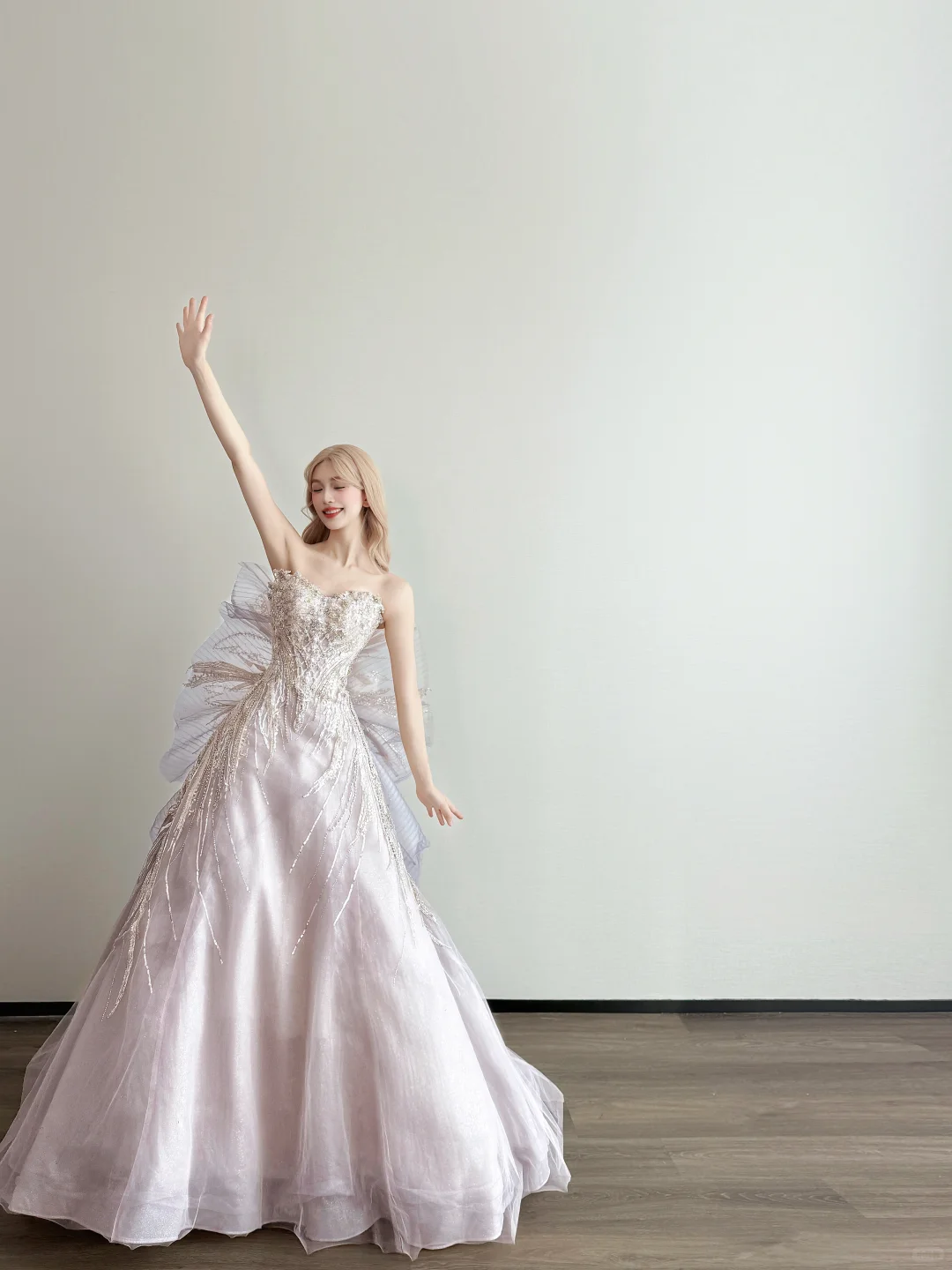 Light Lavender Strapless Prom Gown Beaded Tassel Sequin Big 3D Tulle Bow A Line Sparkly Evening Dress  NV7162