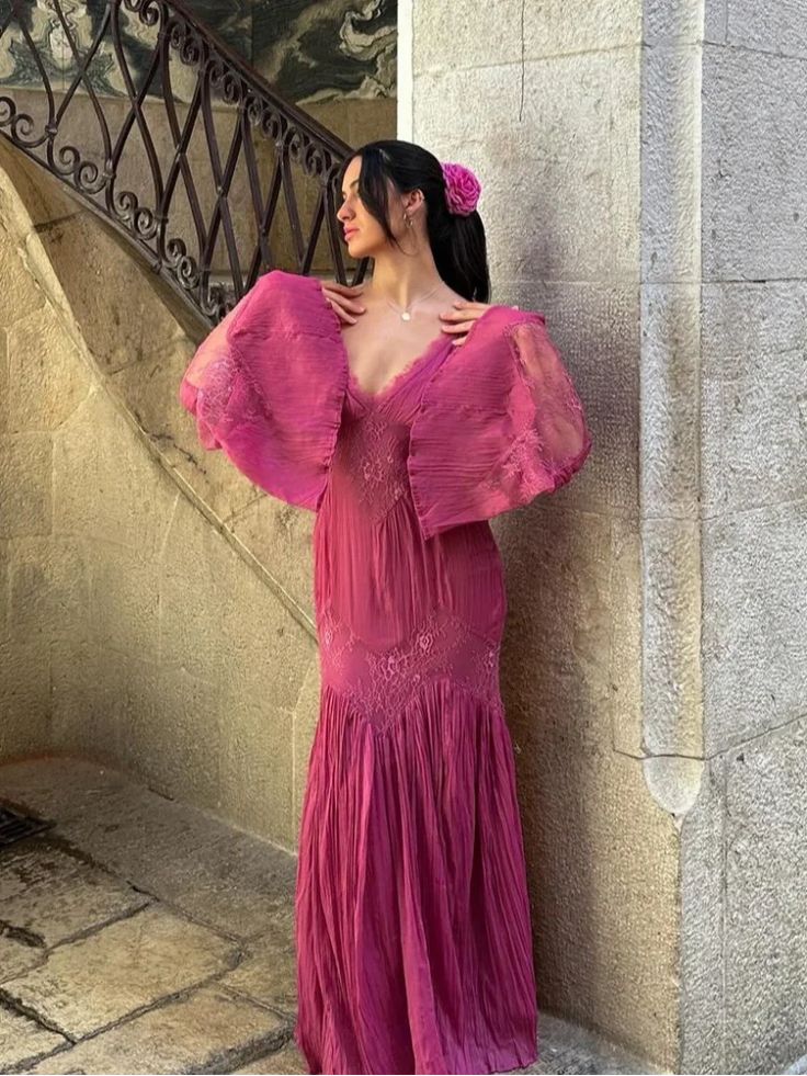 Pink Purple Lazy Retro Elegant Fashion V-neck Exquisite Lace Ruffle Long Sleeve Long Chiffon Floor-length Ball Gown Evening Gown Holiday Party Gown Bridesmaid Dress nv3823