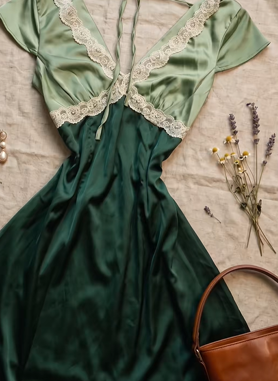Two Tone Green Satin Short Homecoming Dress V Neck Flutter Sleeve White Lace Trim Vintage A-Line Cocktail Gown  NV6910