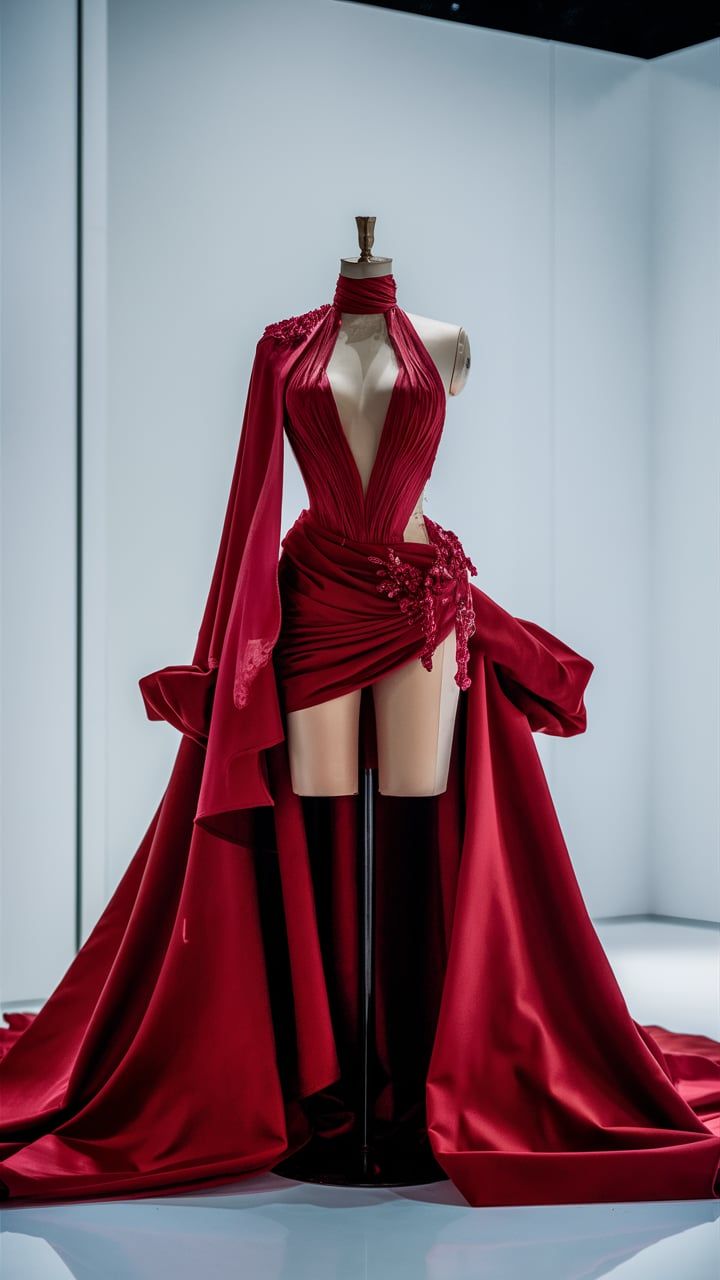 Robe de soirée NiceVestidos en satin bordeaux, col halter, décolleté en V profond, traîne, entièrement personnalisable NV6222