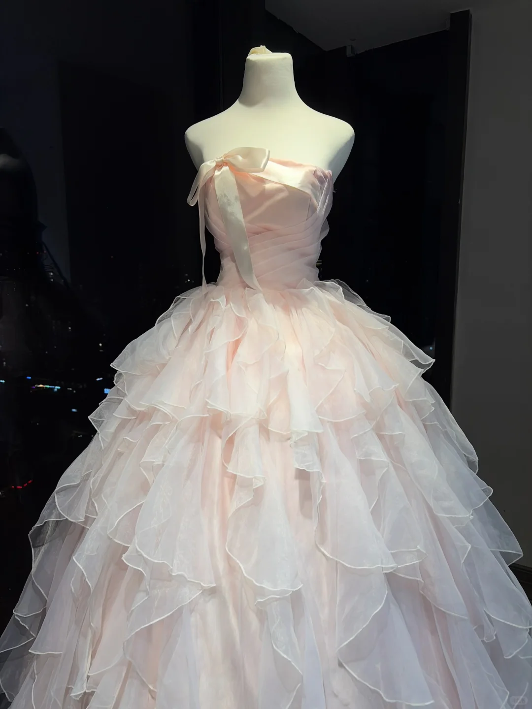 Dusty Pink Strapless Ball Gown Pleated Bodice Tiered Ruffle Tulle With Satin Bow Fairy Prom Dress  NV6938