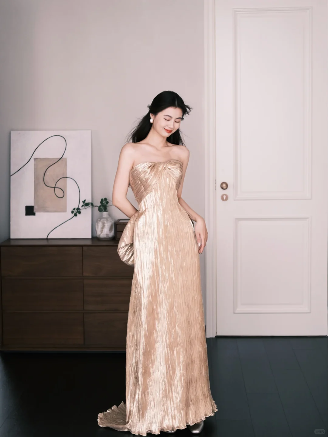 Champagne Gold Strapless Metallic Prom Dress Big Bow Evening Gown  NV7221