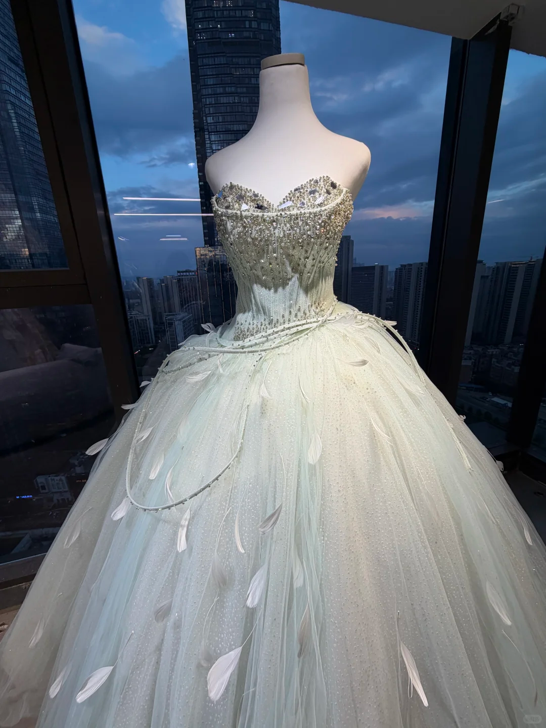 Strapless Light Mint Green Fairy Ball Gown Rhinestone Beaded Sparkle Tulle Feather Long Prom Dress  NV7028